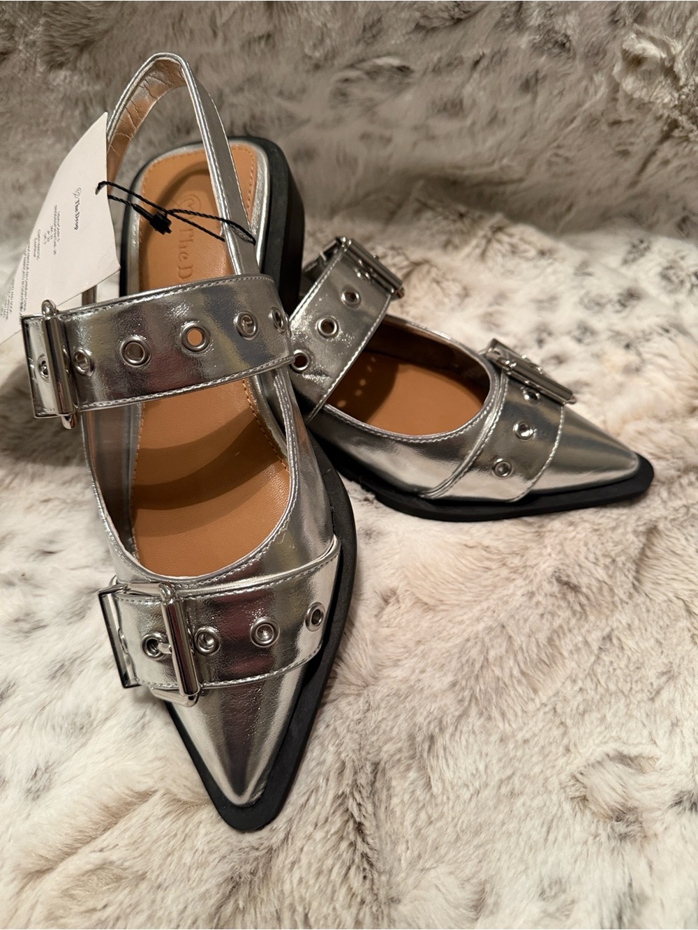 Metallic Silver Pointed Buckle Slingback Mules